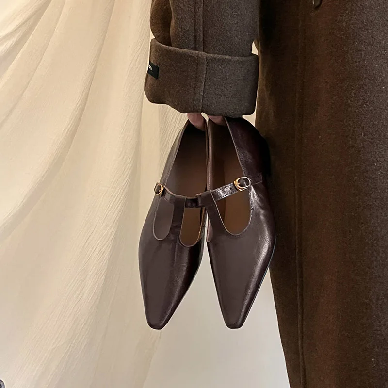 امرأة الشقق أبازيم ماري جين الربيع أحذية بسيطة الفتيات أشار تو الأحذية الرجعية T-حزام جلد طبيعي أحذية أنيقة #4