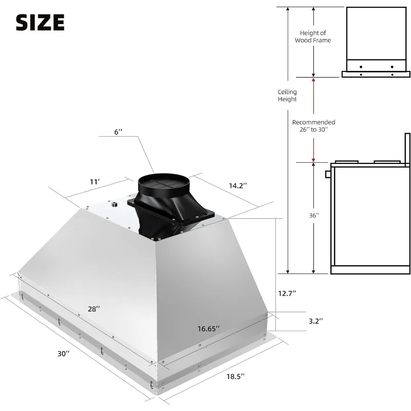 Campana extractora de inserción de 30 pulgadas con control de voz/gestura/táctil, campana extractora de cocina integrada de 900 CFM con extractor de aire de 4 velocidades