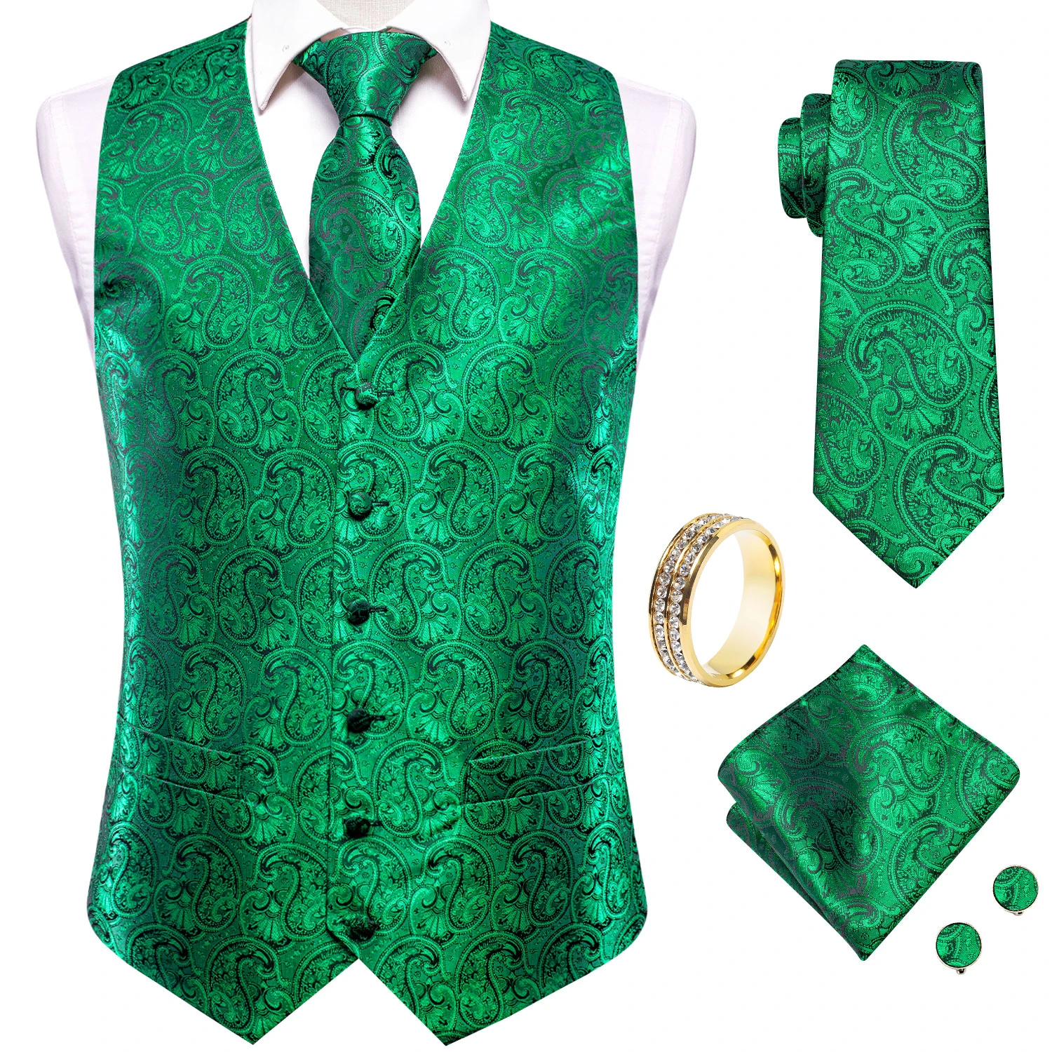 Solid Emerald Paisley V-Neck Vest Accessory Kit Tie Pocket Square Cufflinks Ring For Outdoor Bridal Gala