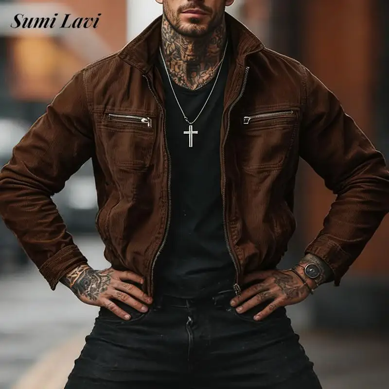 

Trendy Mens Solid Color Corduroy Outerwear Vintage Zipper Pockets Cargo Jacket Coat For Men Fall Winter Casual Textured Jackets