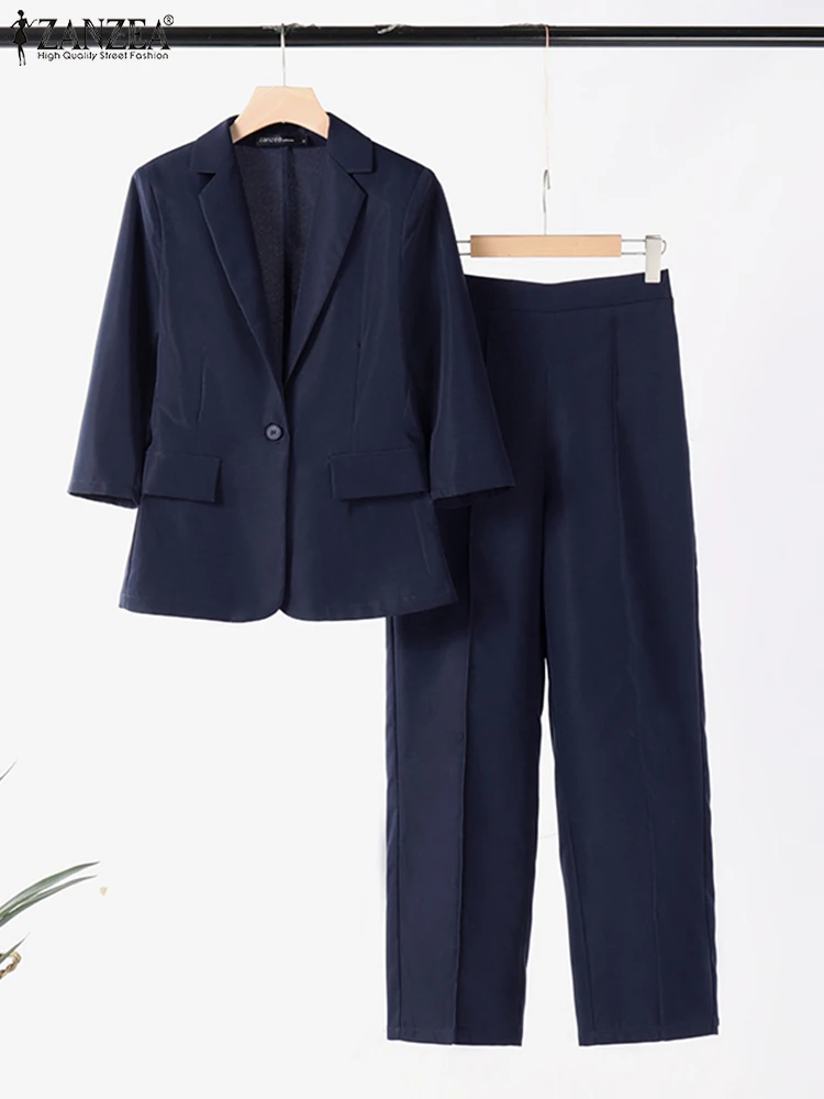 ZANZEA Autumn Elegant OL Work Suits Women Pant Sets Elegant Lapel 3/4 Sleeve Blazer Trousers Suit Fashion 2PCS Woman Outfits