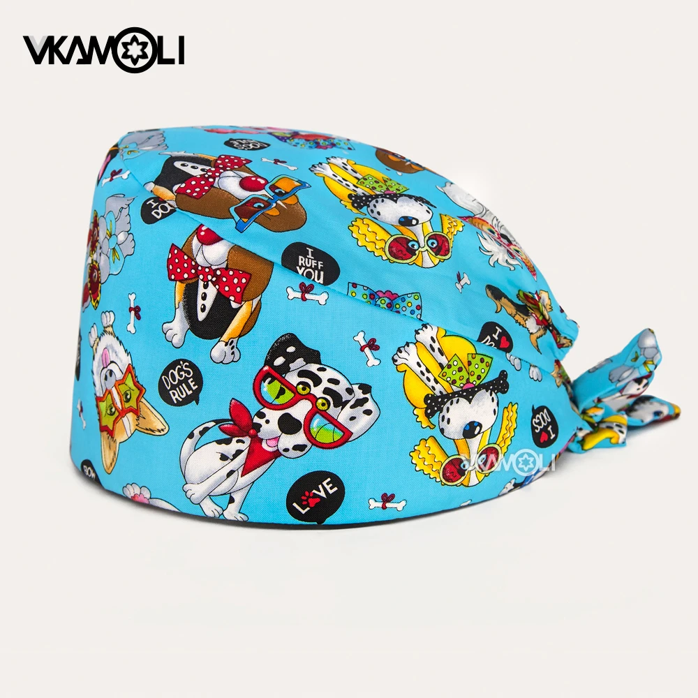 100% cotton cute dog printed pet shop surgical cap for veterinarians and nurses Scrub Caps