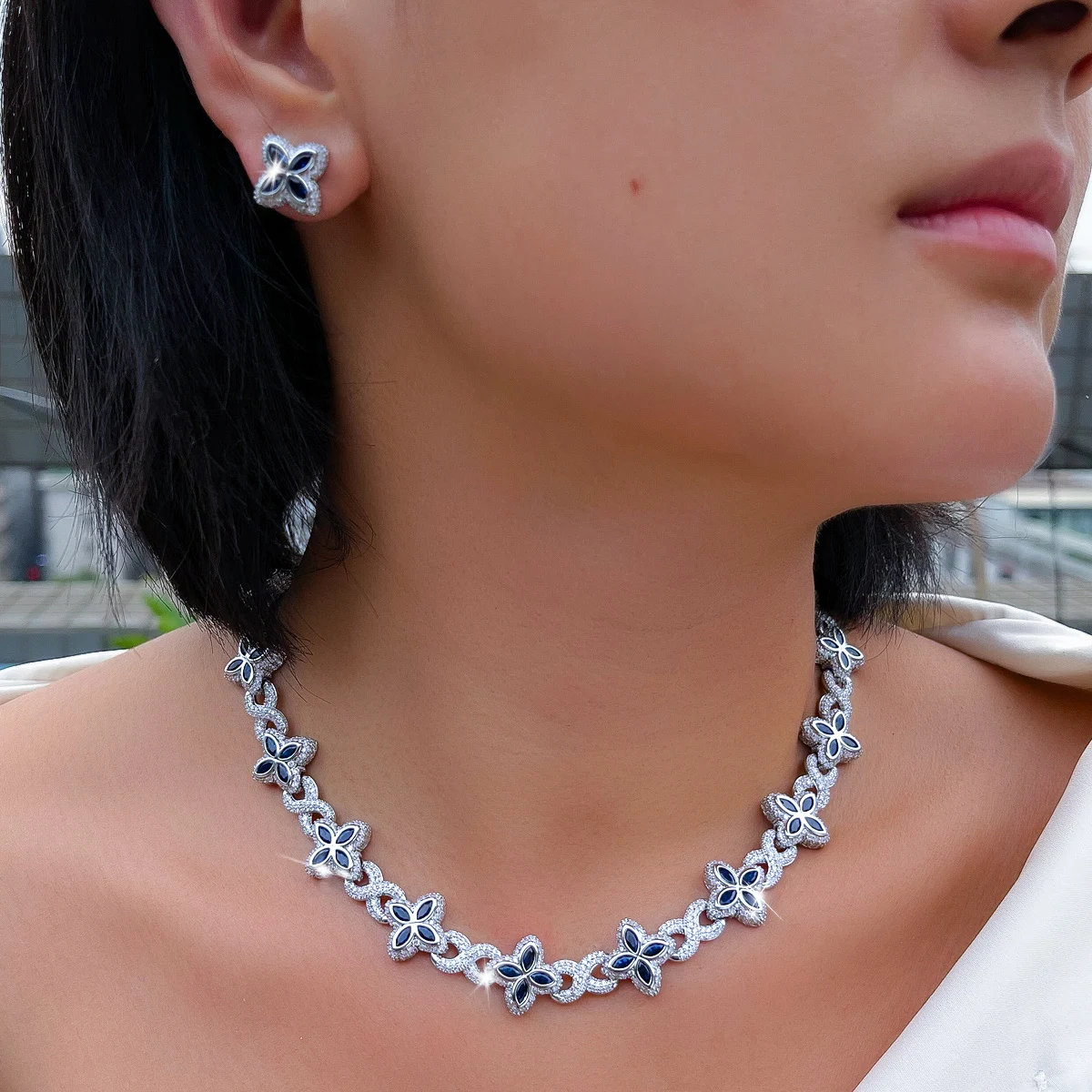 

CWWZircons Геометрические синие кубические цирконы, цветок, символ бесконечности, женское ожерелье, комплекты серег для невест, ювелирные изделия для свадебной вечеринки T1031
