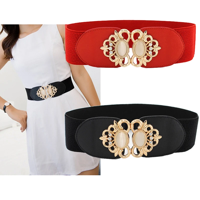 Fashion 1PC Metallic Retro Wide Ladies PU Leather Women Belt lady Elastic Waistband Stretch Cinch Dress Narrow Waist Belt Band