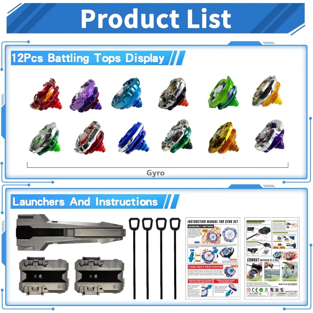 Takara Tomy Battle Spinning Top Set with 12 Colorful Tops, Launchers and Accessories, Combat Game Collection