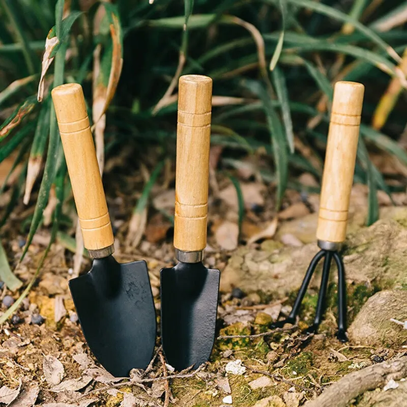 Three piece gardening tool set with wooden handle, mini shovel, rake, shovel, household potted plant, meat and flower growing