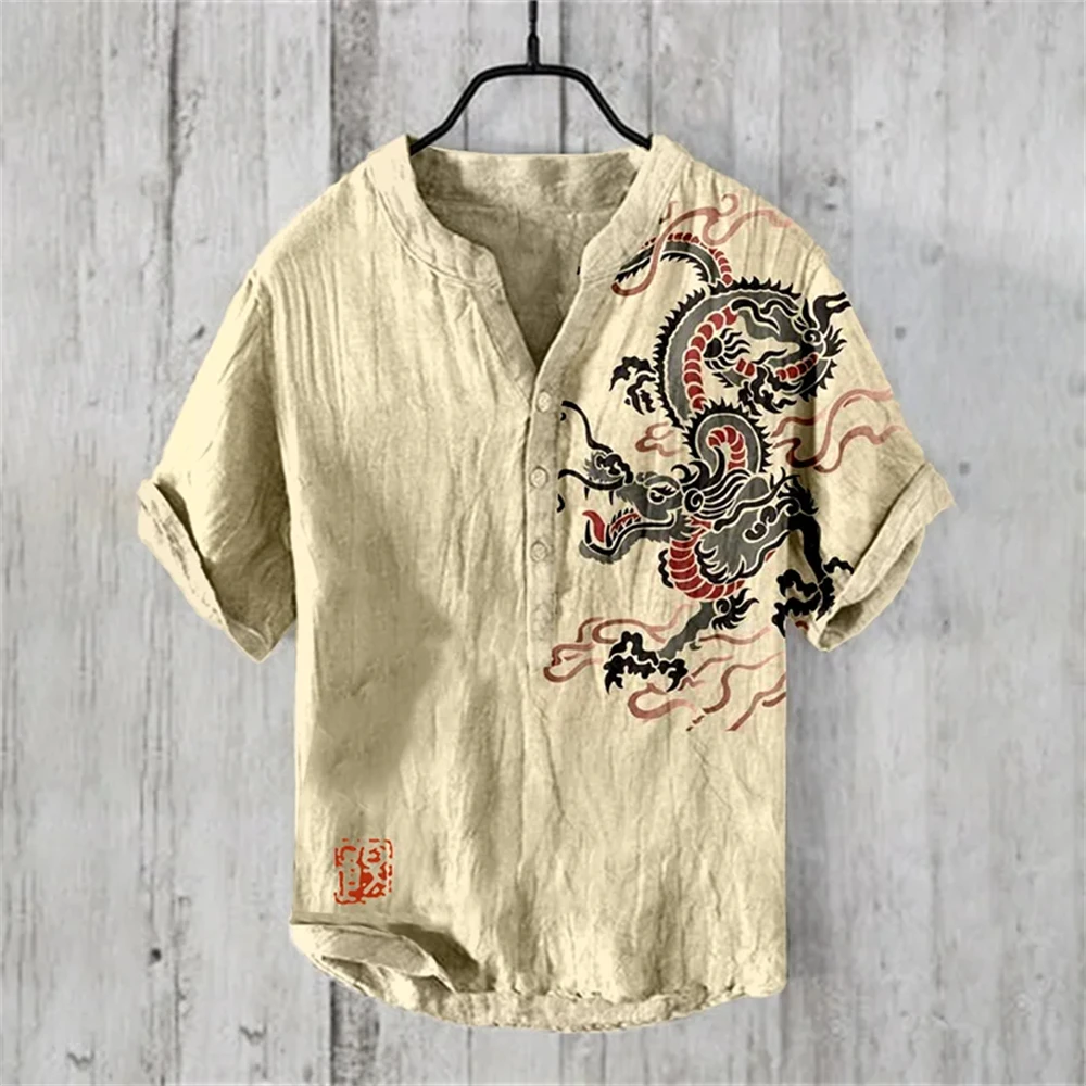 Men's short-sleeved POLO shirt imitation linen POLO shirt printed Chinese retro dragon ukiyo-e painted Hawaiian casual clothing