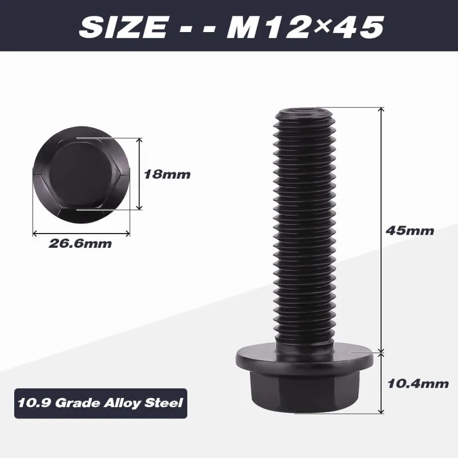 M121.75 x 45mm 6個 フランジ付き六角ボルト ネジ 黒色酸化皮膜仕上げ 10.9級合金鋼 大型フランジワッシャー ボルト DIN6921 GB5789