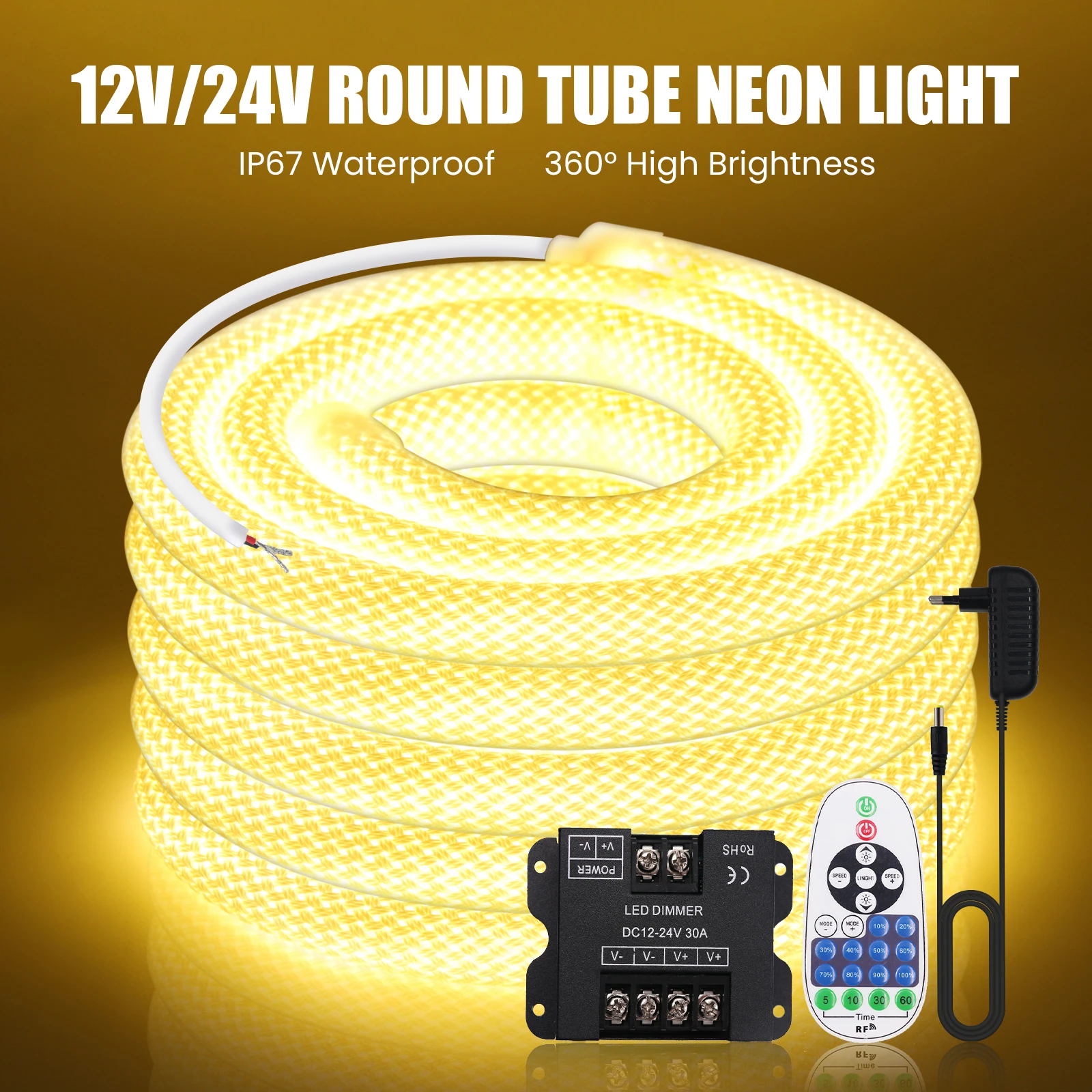 

360 Degree Round Reticulate Neon Tube Dimmable Flexible Silicone Tape 240LEDs High Density Waterproof LED Tape 12V 24V