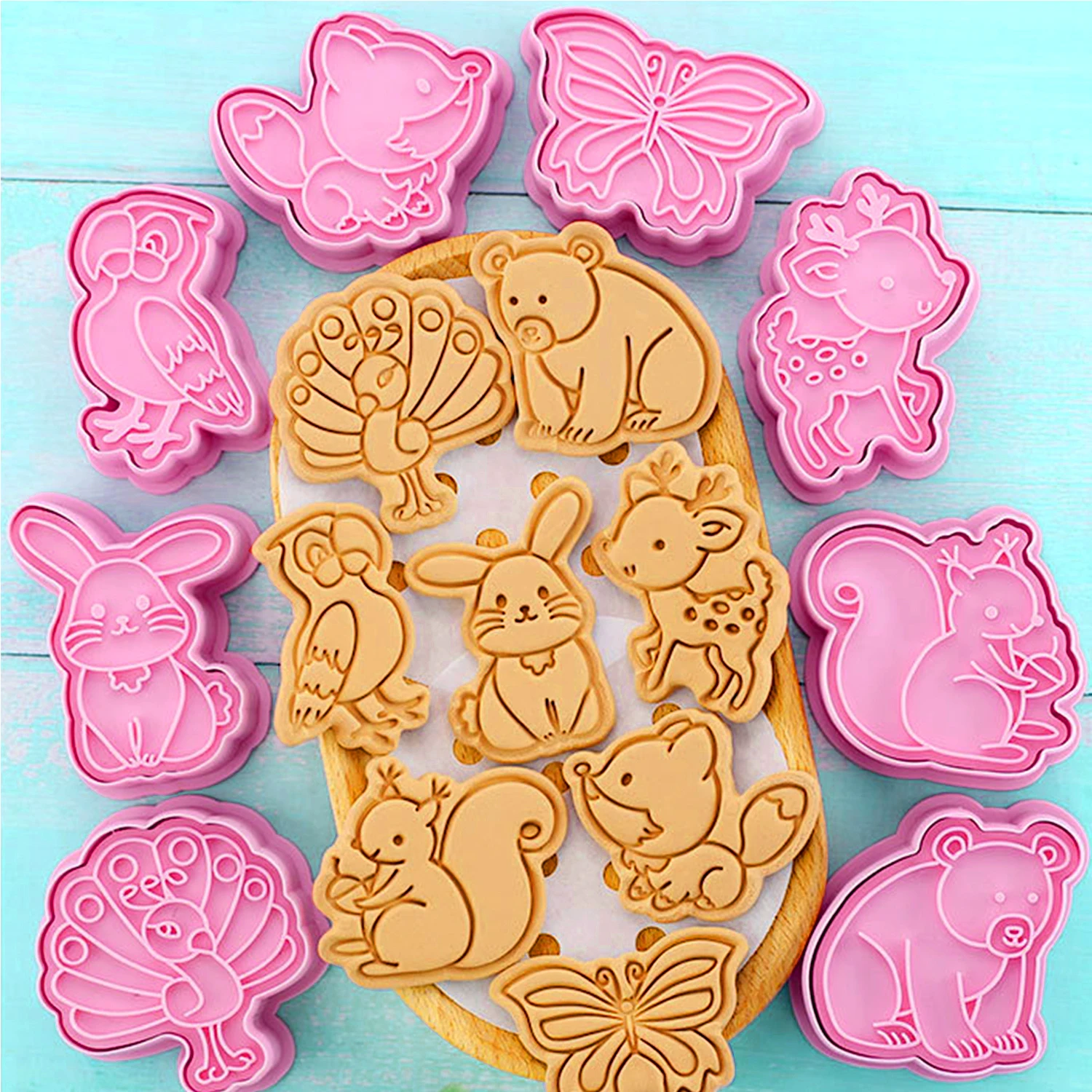 Animal Cookies Cutters 8 Pattern Plastic Cartoon Pressable Biscuit Mold Confectionery Cookie Stamp Kitchen Baking Pastry Tools