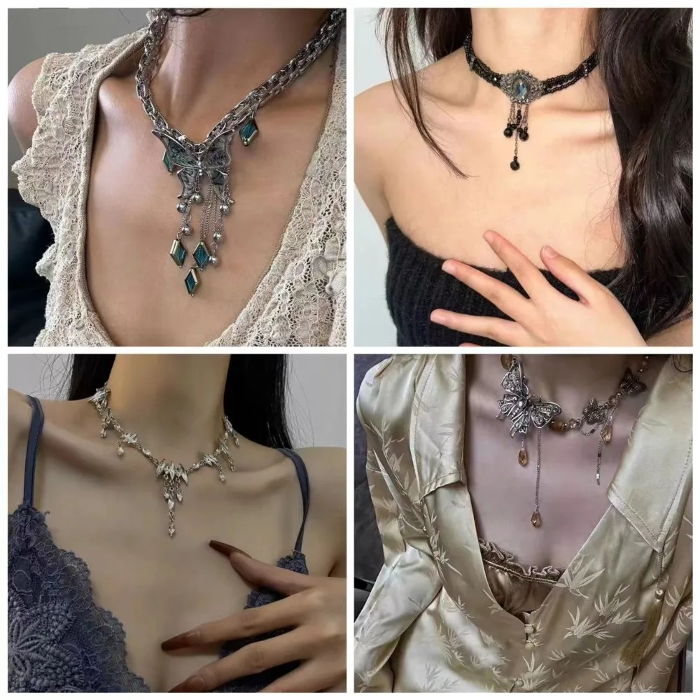 Retro Temperamental Shiny Rhinestone Cross Star Butterfly Tassel Pendant Multi-layer Choker Necklace for Women Men Punk Jewelry