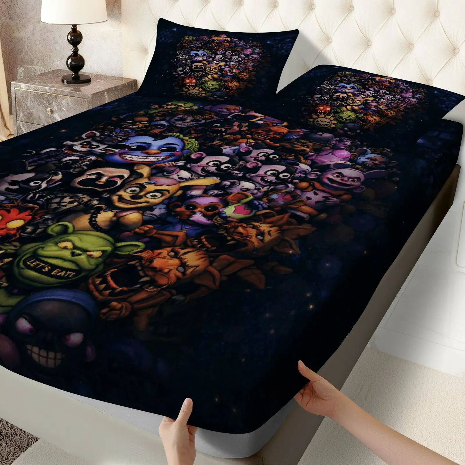 3-Piece Mattress Protector Set, 2D Flat Printed Fitted Sheet, Holiday Fitted Sheet and Pillowcase, Mattress Protector, Halloween Character Horror Fitted Sheet Set, Anime Character Bedding, Mattress Protector