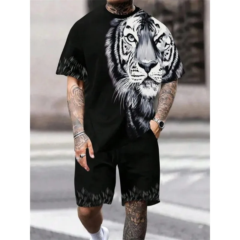 2025 Hot Selling Fashionable Men's 3D Printed Lion Print Round Neck T-shirt Shorts Set Outdoor Casual Top Two-piece Set