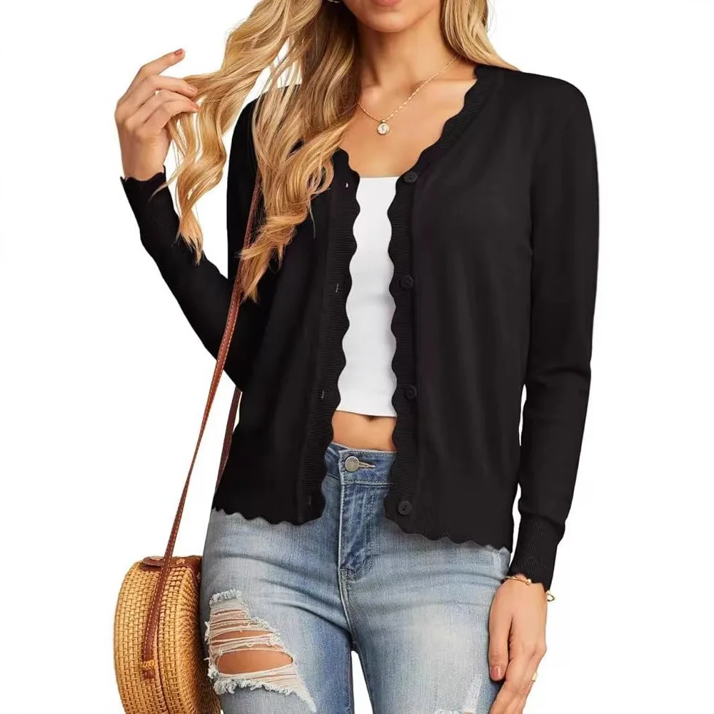 Fungus edge V-neck 9-point sleeve thin spring and autumn new fashion short knitted cardigan sweater