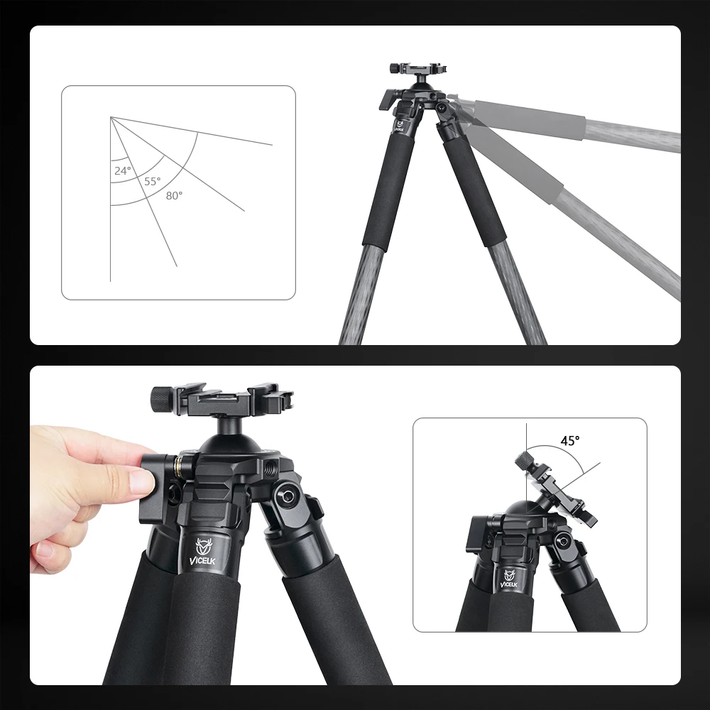 VICELK MK323 CarbonFiber Tripod 36mm Max Tube with 360° Rotating BallHead Adpter for Photography, Hunting and Outdoor, Load 30kg