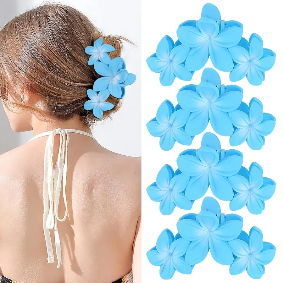 

4 шт., заколки для волос с цветком, гавайские заколки с когтями Plumeria для густых волос, нескользящие пляжные аксессуары сильной фиксации для женщин и девочек, синие