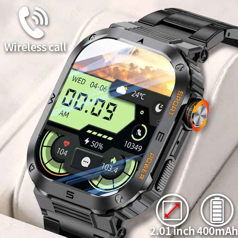 LIGE 2026 Rugged And Durable Military Smart Watch Ip68 Waterproof 2.01 '' HD Display Bluetooth Voice Smart Watch For Android IOS