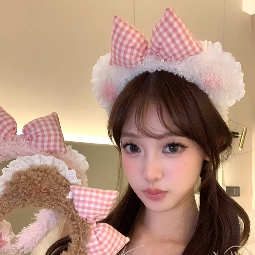 

Женская повязка на голову с милыми медвежьими ушками, розовый бант, плюшевые прессованные волосы, осень-зима, обручи для мытья лица, аксессуары для головных уборов