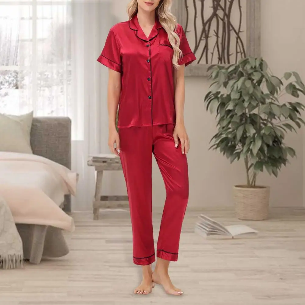 2026 2 Pcs/Set Pajamas Suit Satin Single-breasted Ice Silk Plus Size Cardigan Shirt V Neck Notch Collar Solid Color Shirt Wide L