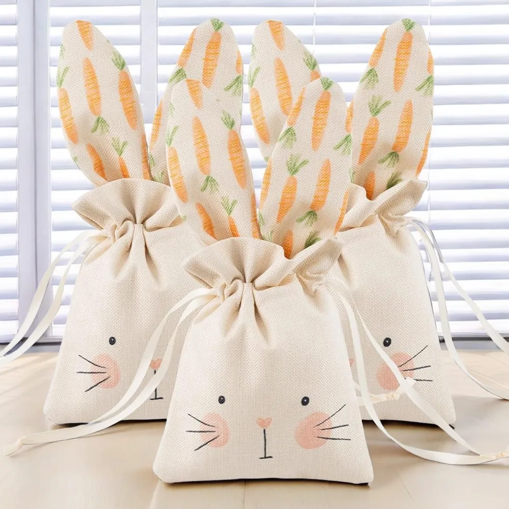 Entzückende Osterhasen-Leckerli-Tasche, einzigartige, personalisierte, wiederverwendbare Leinen-Geschenktüten mit Kordelzug, Snack-Bonbons, beige Beutel mit Kordelzug