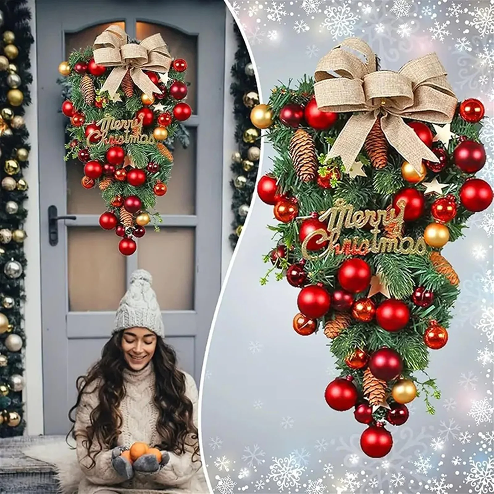 Christmas Teardrop Swag Hanging Door Wreath with Christmas Balls Pine Cones Window Garland for Holiday Home Decoration