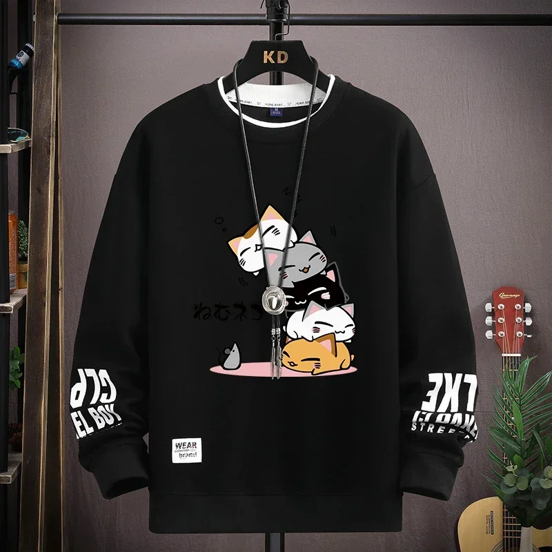 Spring Men\'s Sweatshirt Japan Cartoon Cats Printed Long Sleeve T-shirt Fashion Men\'s Clothing Khaki O Neck Harajuku Top 2024 New