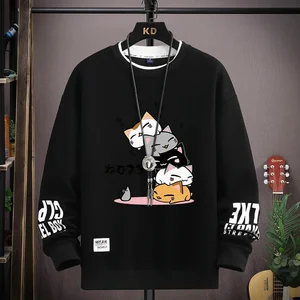 Primavera moletom masculino japão dos desenhos animados gatos impresso manga longa camiseta moda roupas masculinas cáqui o pescoço harajuku topo 2024 novo 12 principais vendas moletons de animes - №12