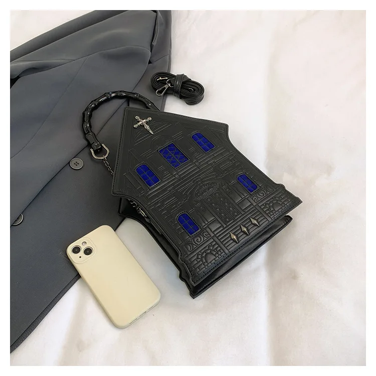 Niche Adult Rivet Retro Shoulder Bag Ins Black Halloween House Shape Funny Handbag Punk Large Capacity Dark Black Square Bag