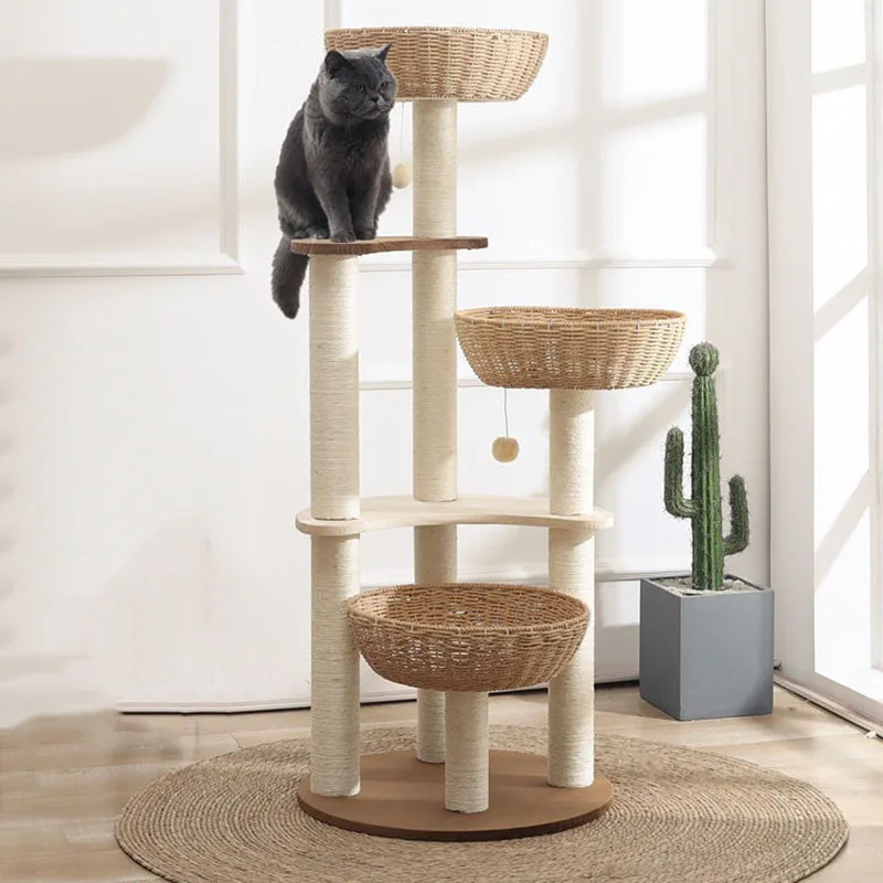 

Solid Wood Cat Climbing Frame Rattan Woven Cat Nest Tree Tower Sisal Cat Toy Grab Board Large Scratching Post and Houses Gift