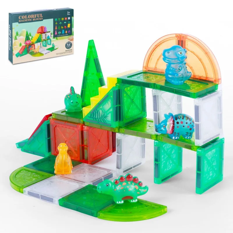 磁気ボード恐竜ビルディングブロックセット カラフル透明タイル 恐竜画像 子供向け教育玩具ゲームセット