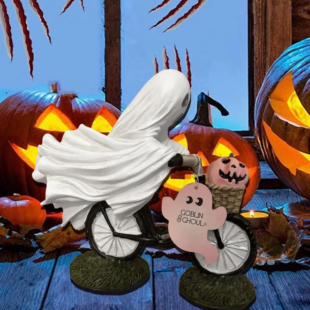 Outdoor Ghost Decor Dekstop Ghost Statue Spooky Halloween Ghost Pink Pumpkin Figurine with Cycling Bike Resin for Indoor