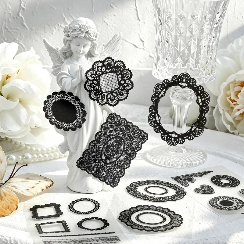 20 Sheets Retro Black White Lace Pattern Sticker Book, Antique Lace Frame Decor Stickers for Handmade Scrapbook