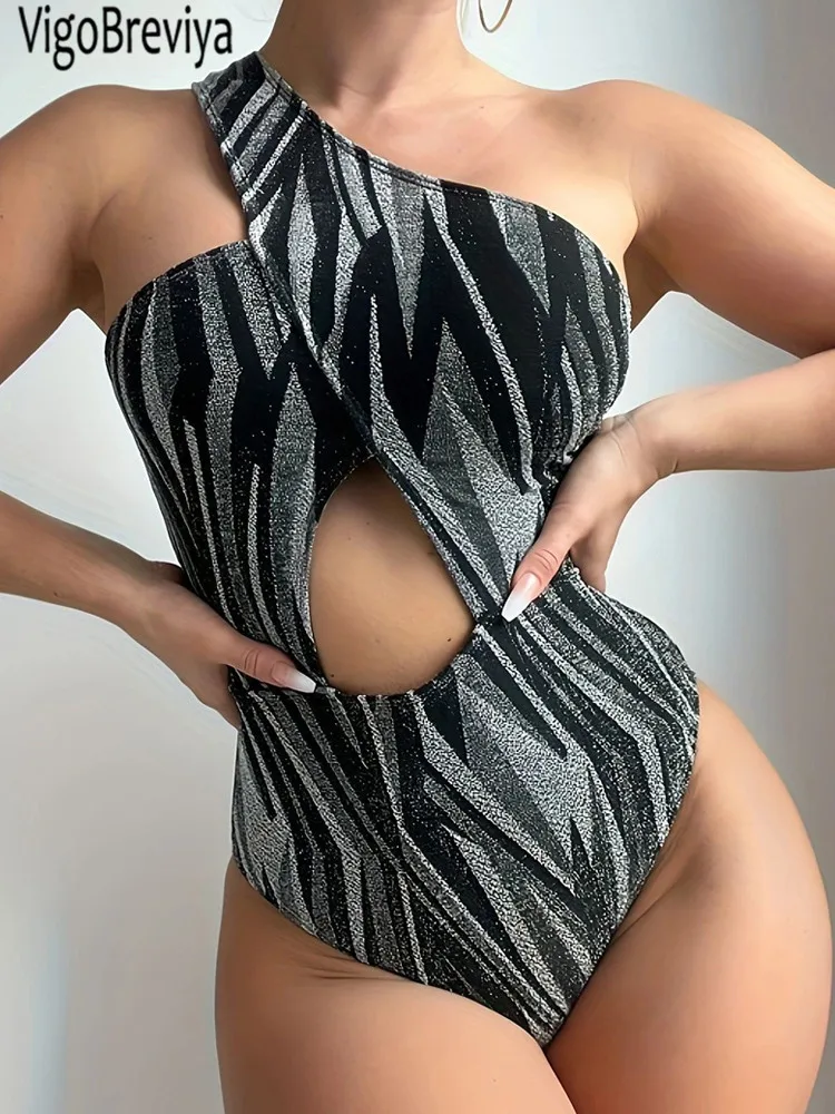 VigoBeviya Sexy 2025 Print One Shoulder Swimwear Women Hollow Push Up One Piece Swimsuit Monokini Backless Summer Bathing Suit