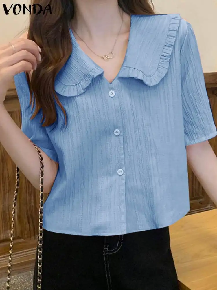 VONDA Women Ruffled Shirts 2024 Fashion Casual Blouses Elegant Short Sleeve Lapel Summer Tunic Tops Solid Color Blusas Femininas