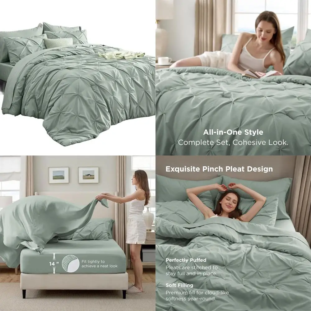 

7-Piece Sage Green Oversized King Comforter Set with Pintuck Design, Sheets, Pillowcases, and Shams - Bedding Gift for Family
