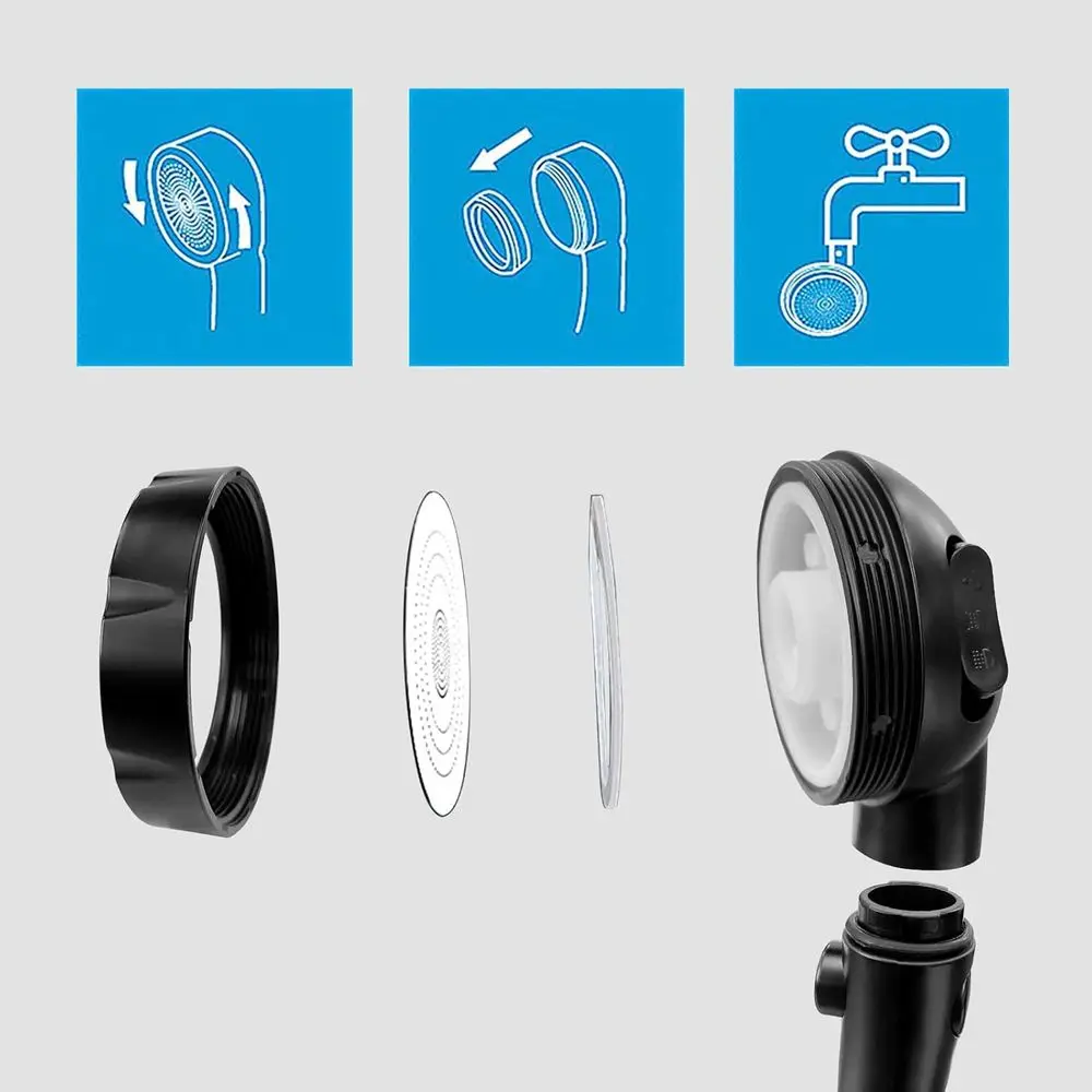 Hogedruk handdouchekop met pauzeschakelaar, 3 modi, waterbesparend, zwart, inclusief beugel en slang