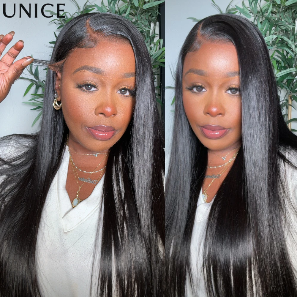 UNice No-Slip 13x4 Lace Frontal Straight Human Hair Wigs With Drawstring Pre Plucked Pre Cut Pre Bleached Peel & Stick Glueless Wig Ready To Go