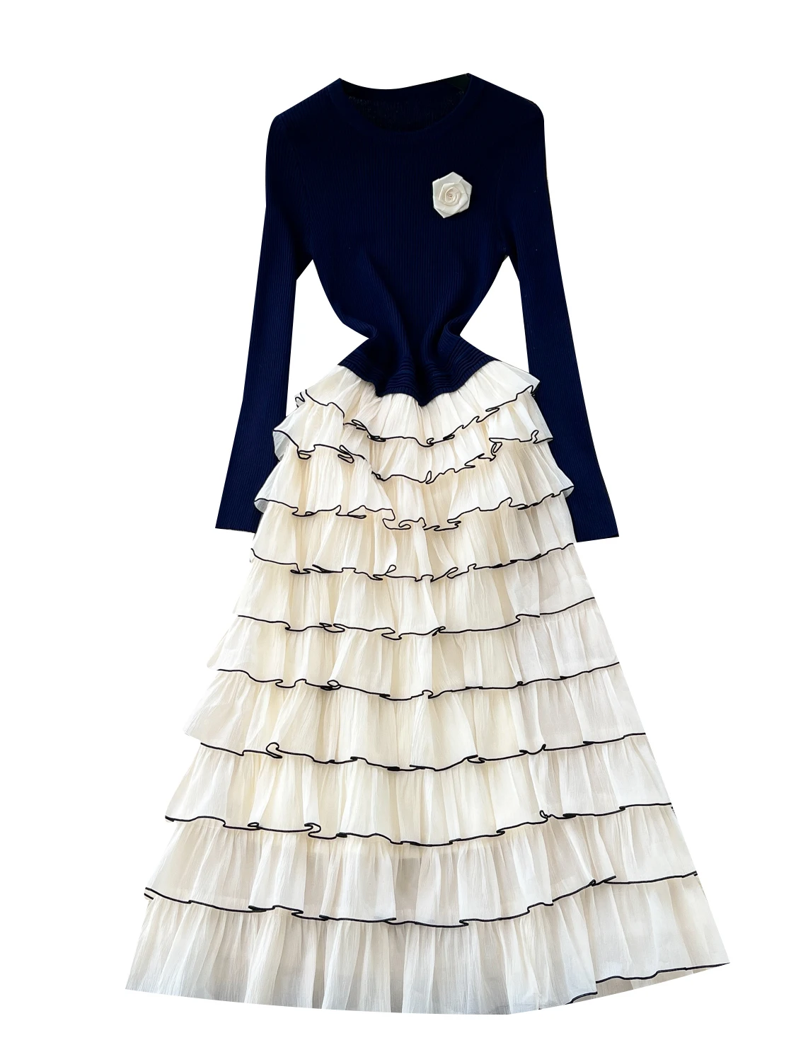 Vestido E de Malha com Manga Longa e Decote Redondo, Estampa Floral, Vestido de Camadas Estilo Bolo, Adequado para o D...