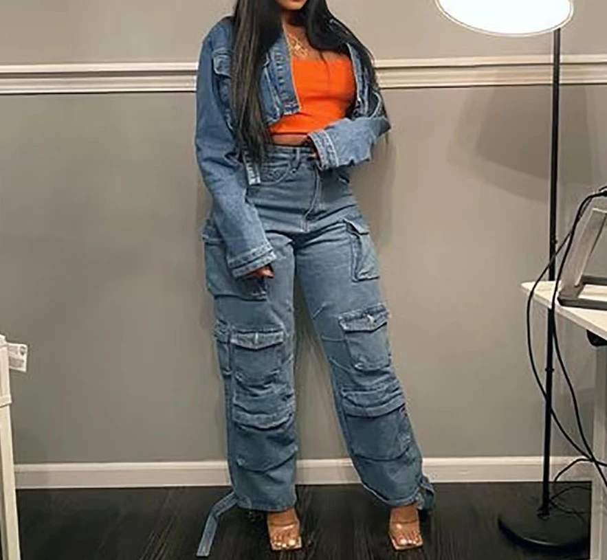 Women's Workwear Style Trousers 2025 Autumn Winter Latest Denim Trend Multi Pocket Plus Size Jeans Work High Waist Long Pants