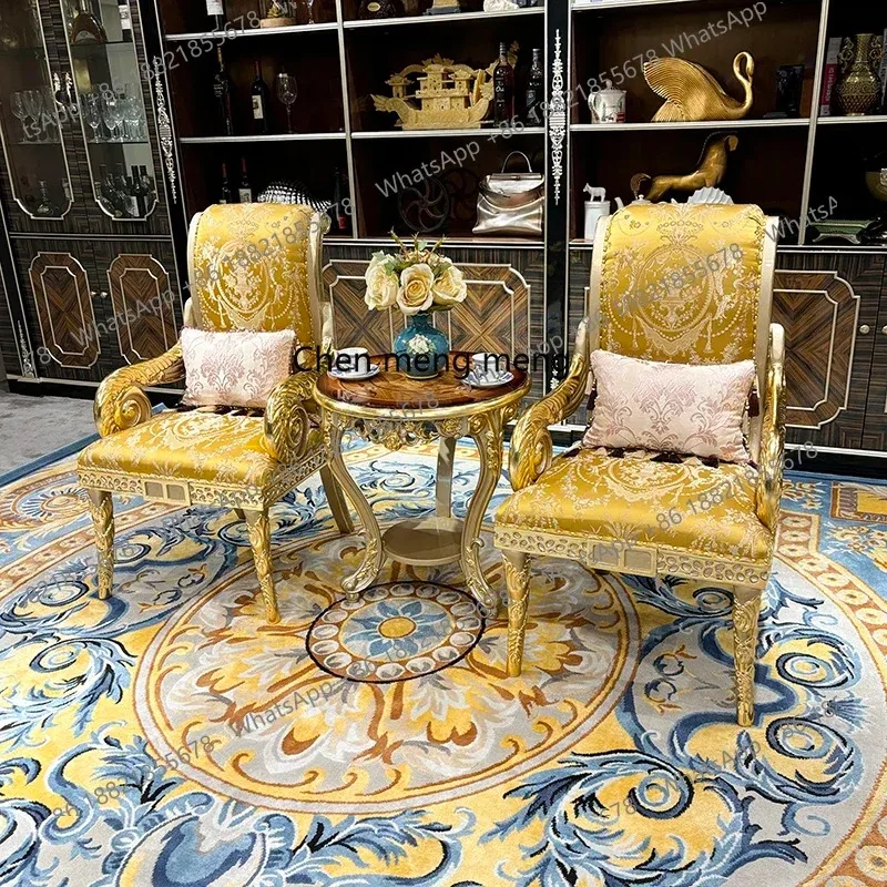 

French solid wood leisure chair European fabric sofa chair Balcony engraved embroidery recliner