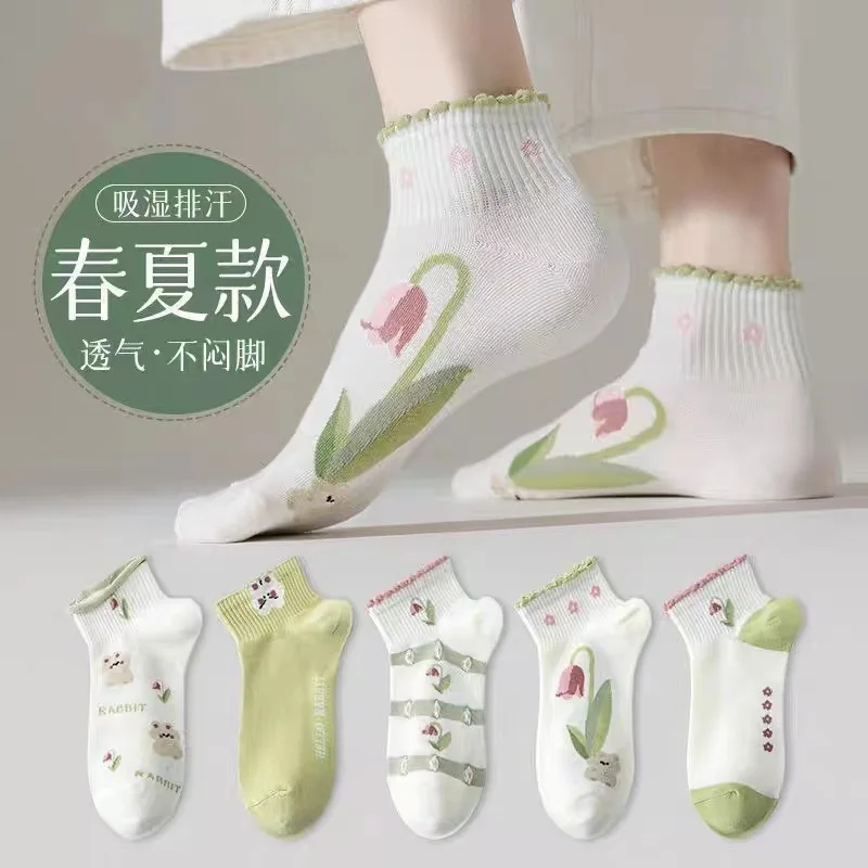 Carton-Chaussettes décontractées respirantes pour femmes et filles, absorbant la transpiration, couleurs claires, chaussettes mignonnes, haute qualité, été, 5/10 paires