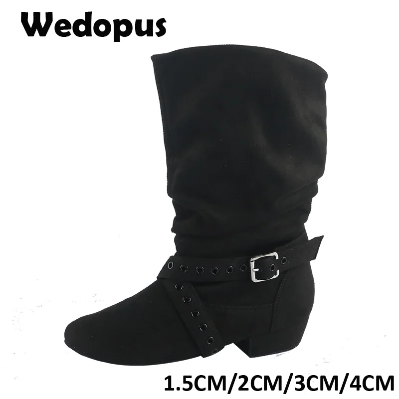 

Wedopus Customized Black Suede Sole Boots Women Dance Shoes Mid Calf Pleated Cuban Heel Warm up Line Dance Boots Indoor