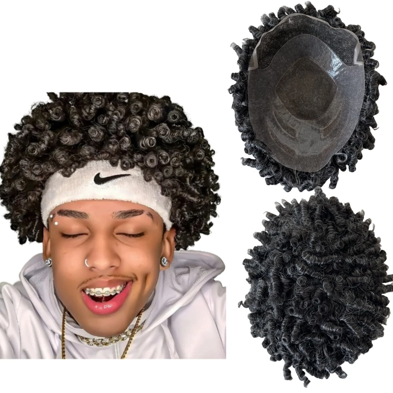 

Brazilian Virgin Human Hair Replacement #1b30 Grey 15mm Curl 4 Eyes Front Lace Toupee 8x10 Male Unit for Black Men