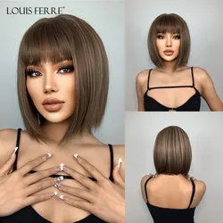 LOUIS FERRE Brown Highlight Short Straight Hair Wig Mixed Brown Bob Wigs With Bangs for Women Daily Party High Temperature Fiber