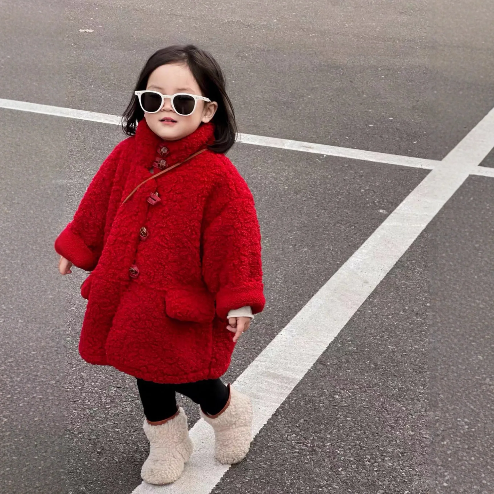 Winter New Product Girls Festive Angola Red Warm Velvet Flower Thousand Medium and Long Loose Coat