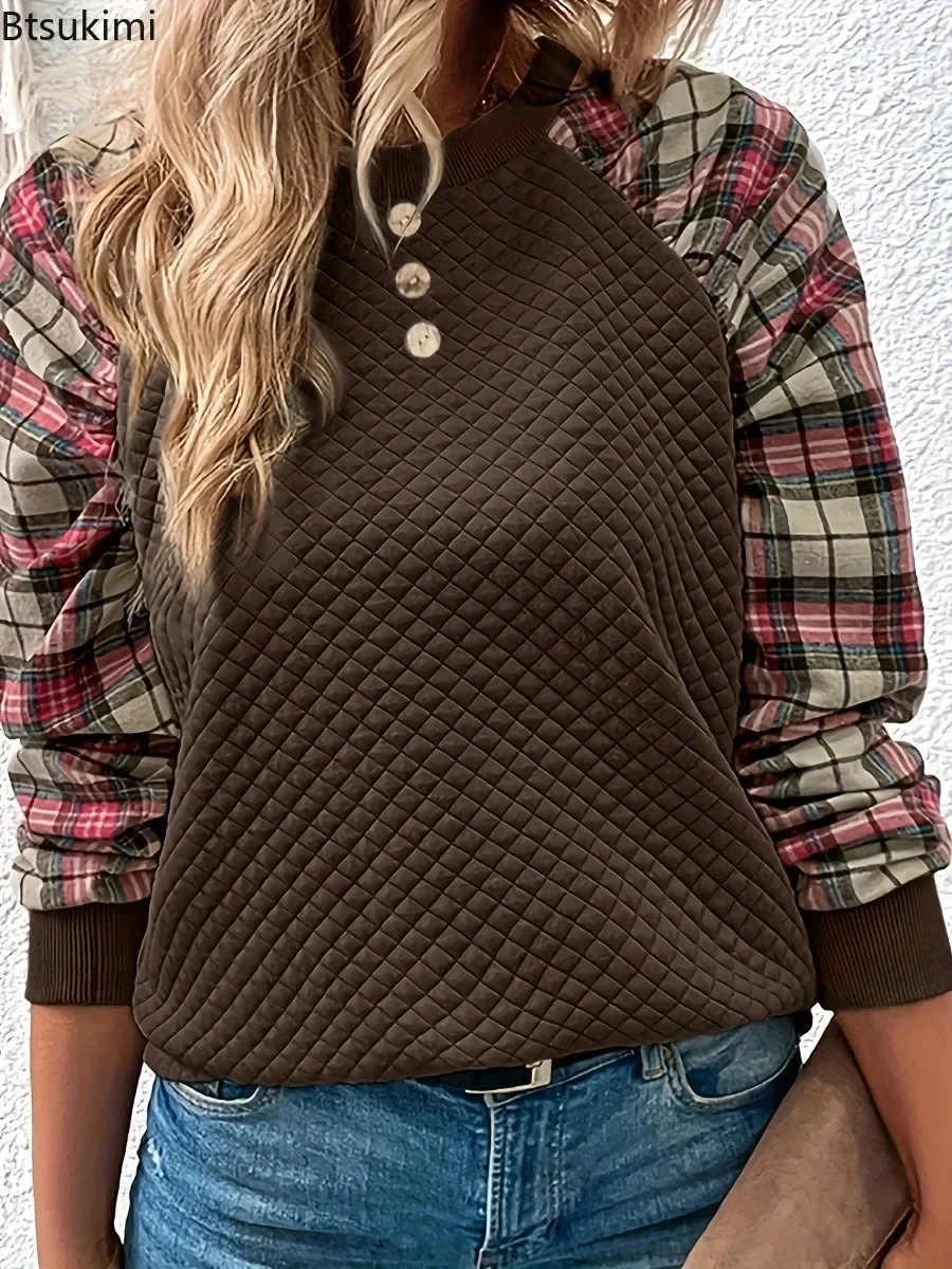 2025 Women's Fashion Plaid Splice Long Sleeve Hoodies Autumn Winter O-neck Daily Casual Pullover Top Patchwork Sweatshirts Femme