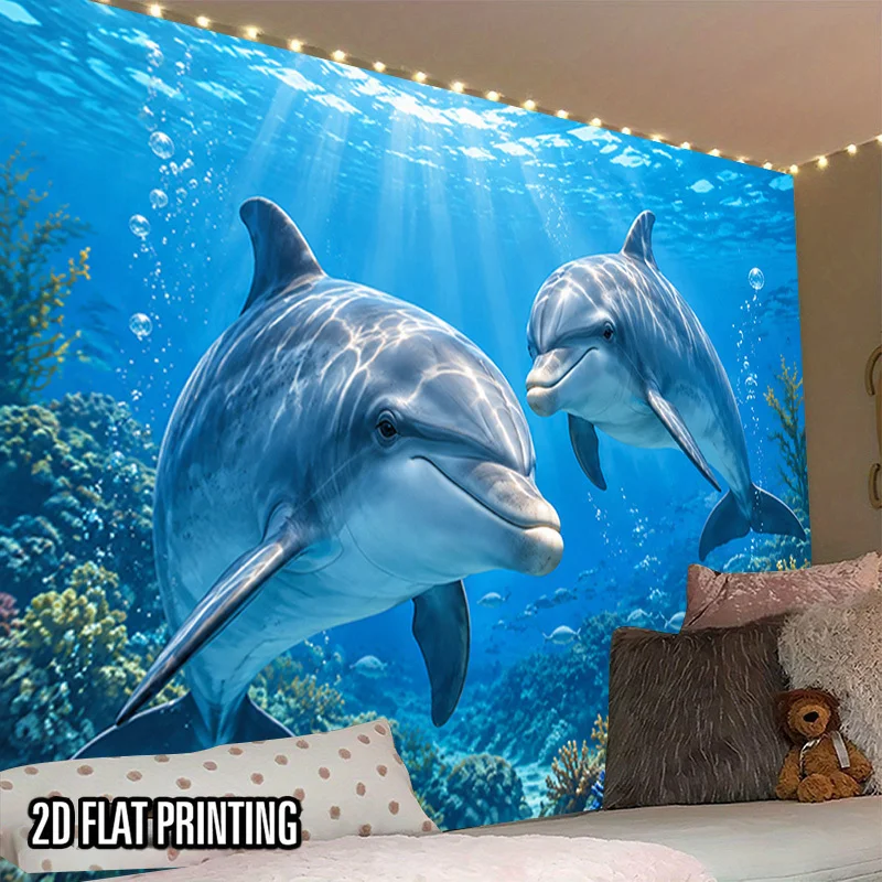 Dolphin Ocean Tapestry, Underwater Coral Reef Sunlight Bubble Sea Wall Hanging for Bedroom Dorm Nature Home Decor Cloth