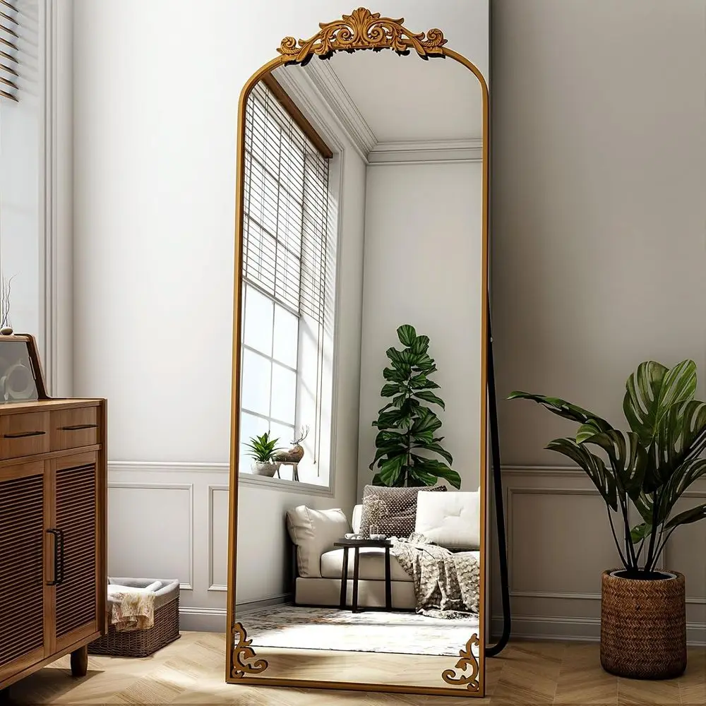 

Arched Standing Floor Mirror with Carved Metal Frame and Bottom Art, Bronze Ornate Accents for Home Decor
