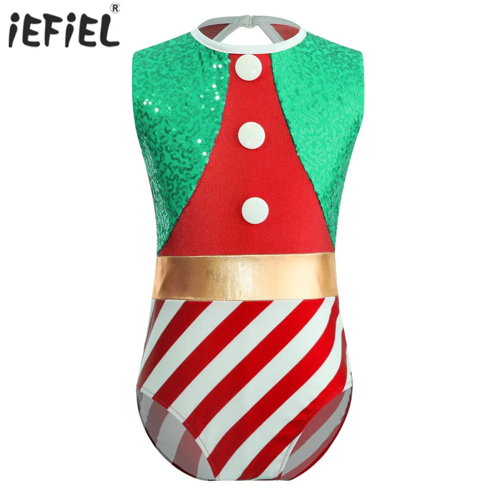 Kids Girls Christmas Costume Cosplay Dance Leotard Sleeveless Jumpsuit Sequins Stripes Gymnastic Unitard Bodysuit Santa Dress Up