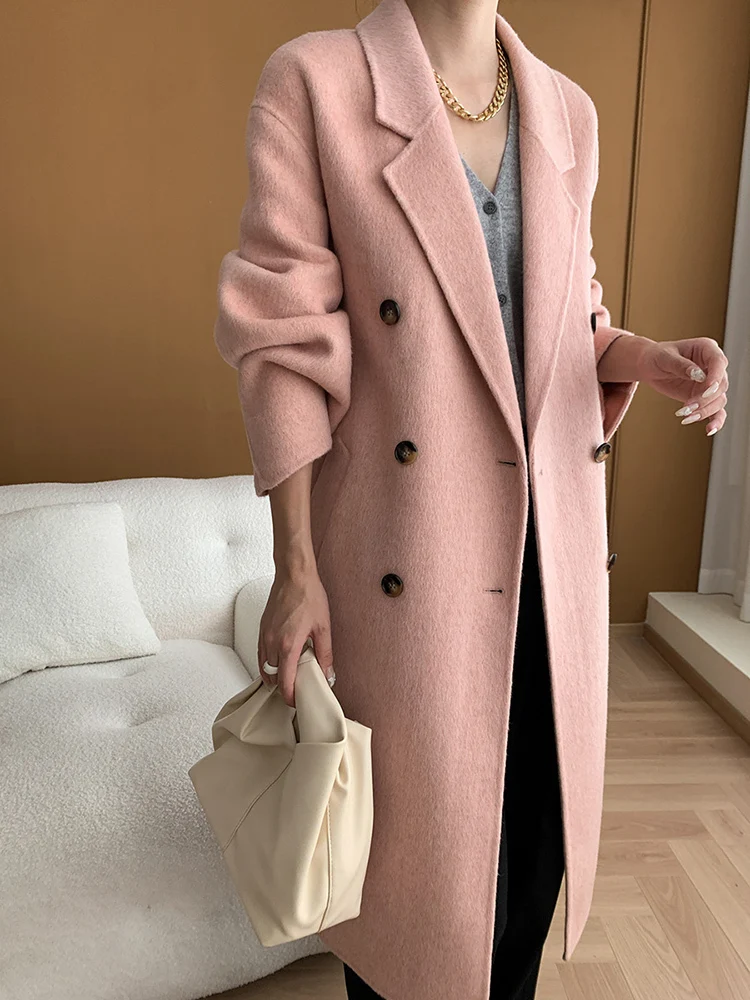 [EAM] Oat Color Big Size 82.9% Wool Woolen Coat New Lapel Long Sleeve Women Jacket Fashion Tide Autumn Winter 2024 1DH7558